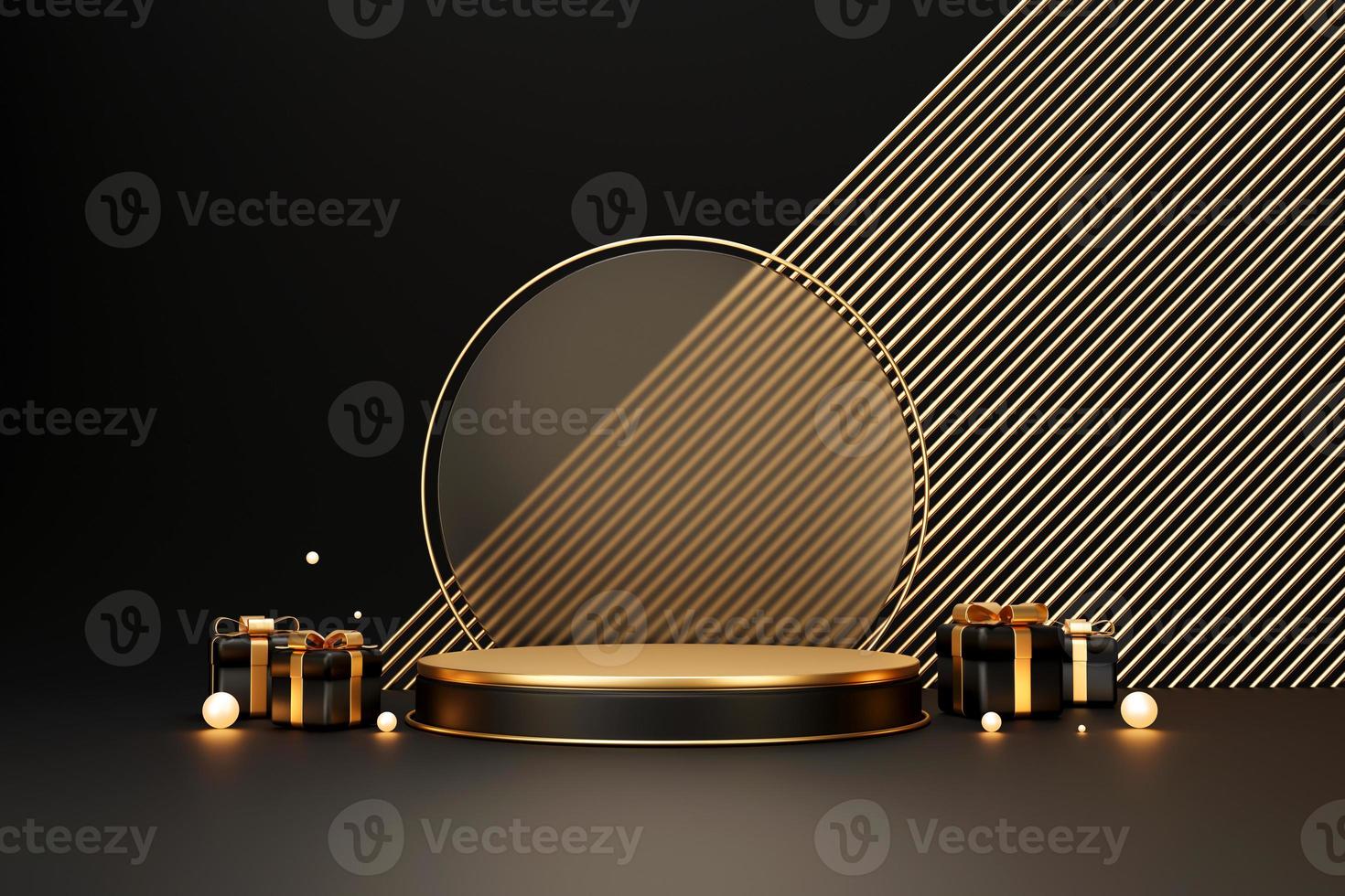 Black and gold luxury podium pedestal product display and gift box background 3d rendering photo