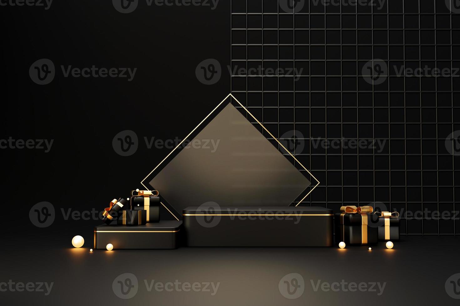Minimal black and gold luxury podium pedestal product display and gift box background 3d rendering photo