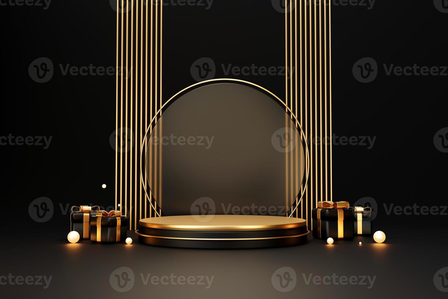 Cylindrical Black and gold luxury podium pedestal product display and gift box background 3d rendering photo