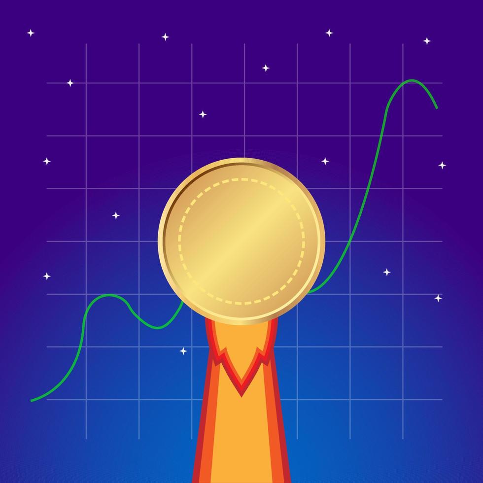 cryptocurrency to the moon with rising green graph and sky background vector