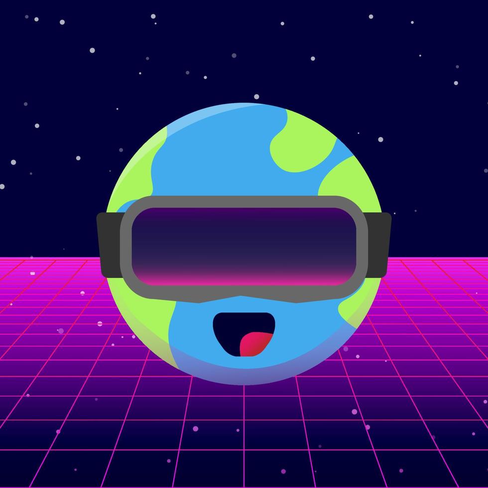 Illustration of cute earth using metaverse VR  glasses with futuristic gradient background vector