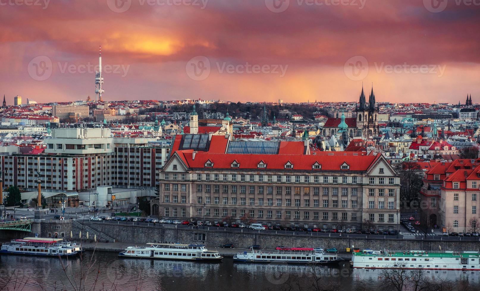 Beautiful Panoramic View of Prague Bridges on River Vltava photo