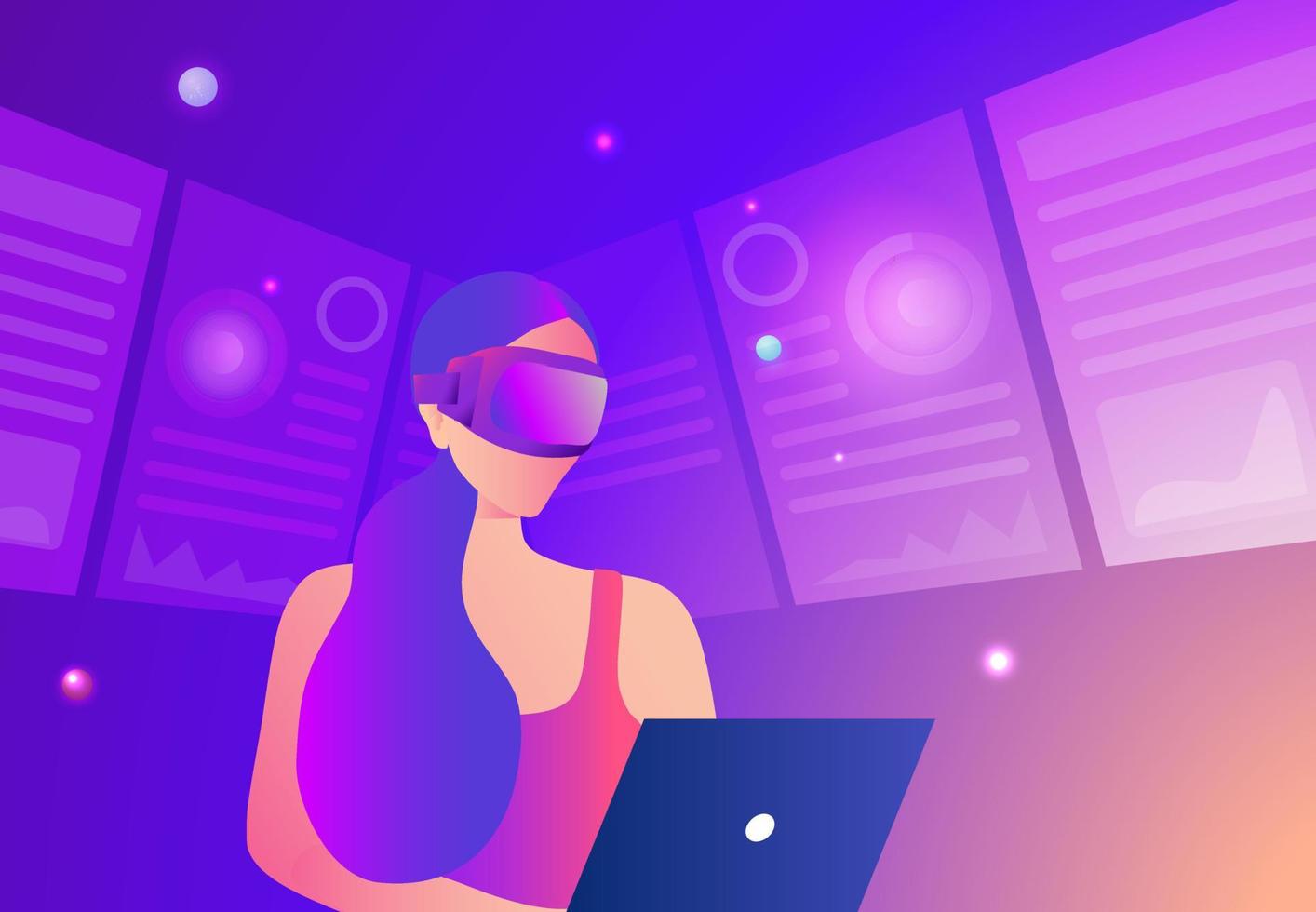 Metaverse in business concept. Businesswoman wearing virtual reality goggle glass, having 3d experience in virtual reality in business world vector illustration.