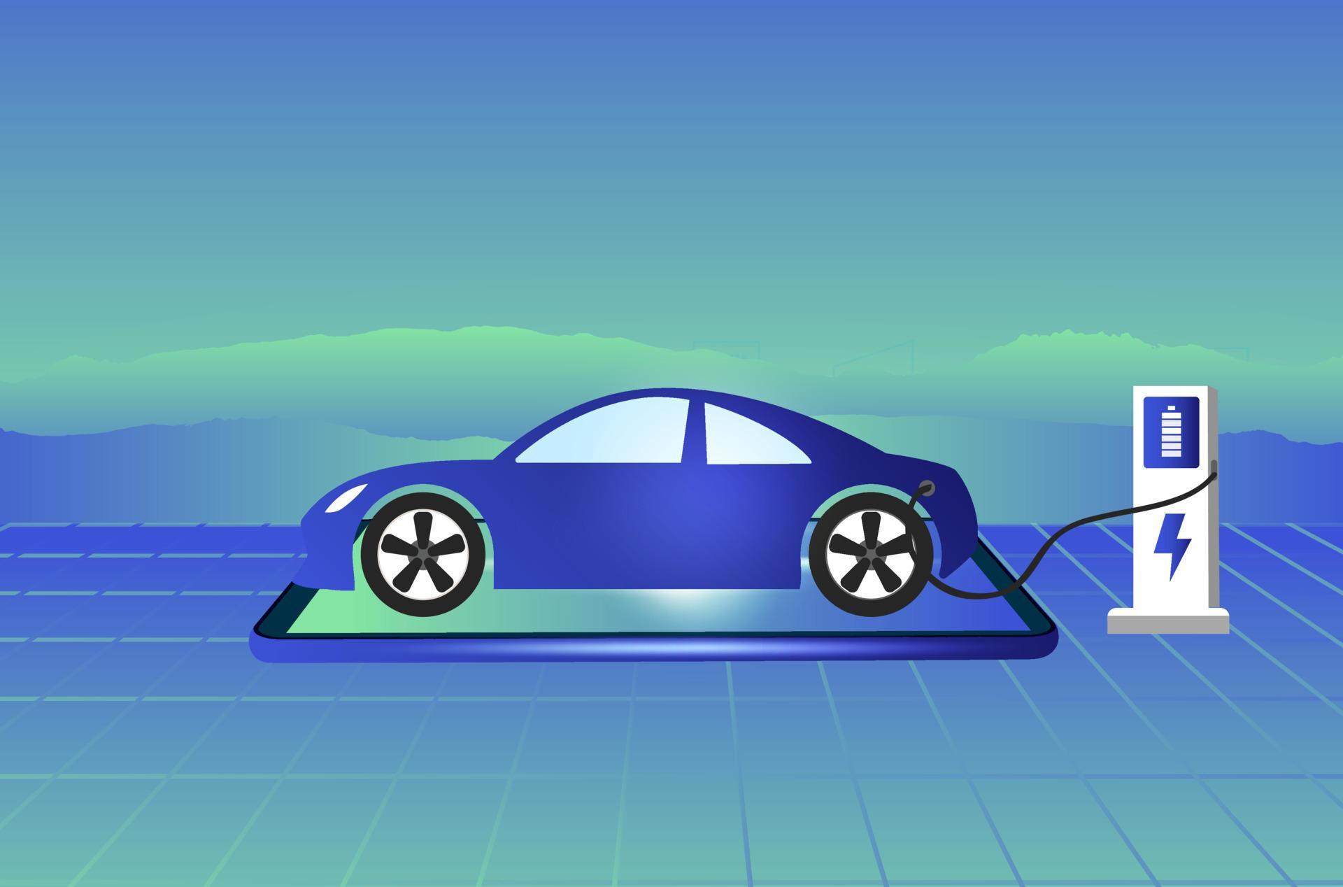 Electric car, EV car, charging battery at electric charging station