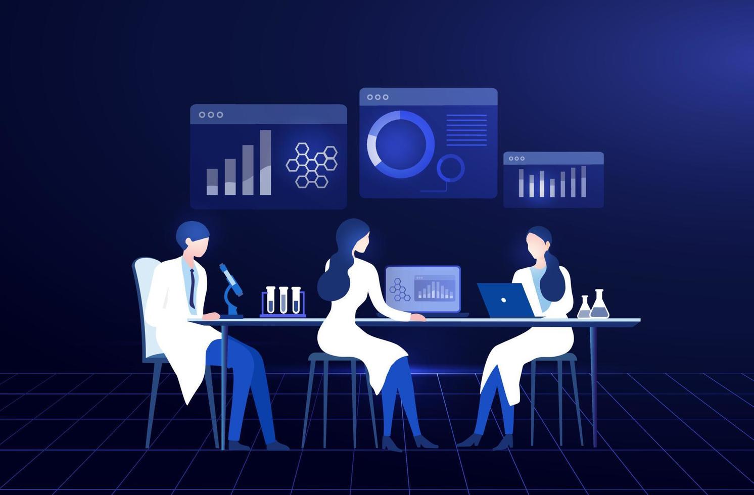 Professional scientists, doctors and chemical researchers working and analysis in laboratory experiment vector  Illustration. Medical laboratory, research experiment biology molecular concept.