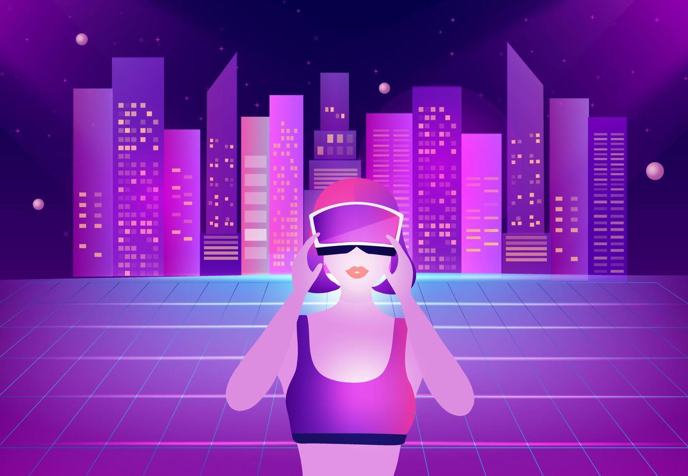 PrintMetaverse digital virtual reality and augmented reality technology, woman wearing virtual reality headset glasses connecting to virtual space and universe vector illustration