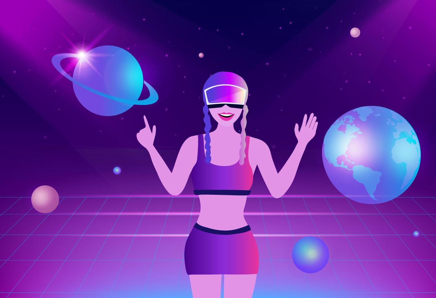 Metaverse digital virtual reality and augmented reality technology, woman wearing virtual reality headset glasses connecting to virtual space and universe vector illustration