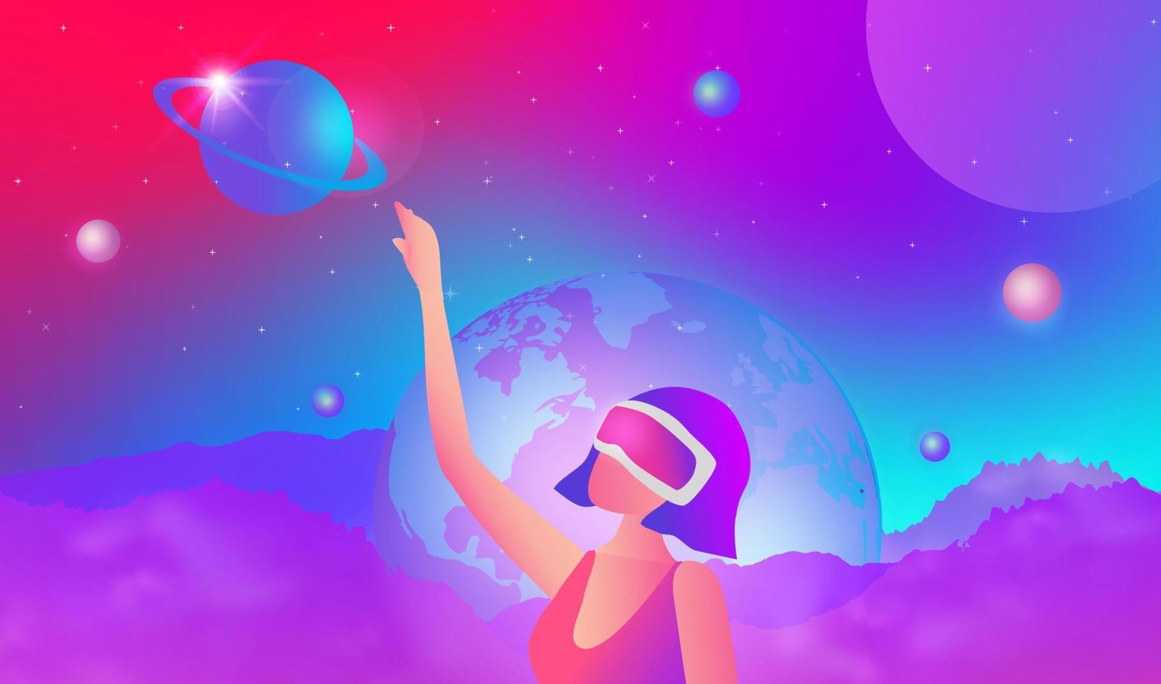 Metaverse digital virtual reality and augmented reality technology, woman wearing virtual reality headset glasses connecting to virtual space and universe vector illustration