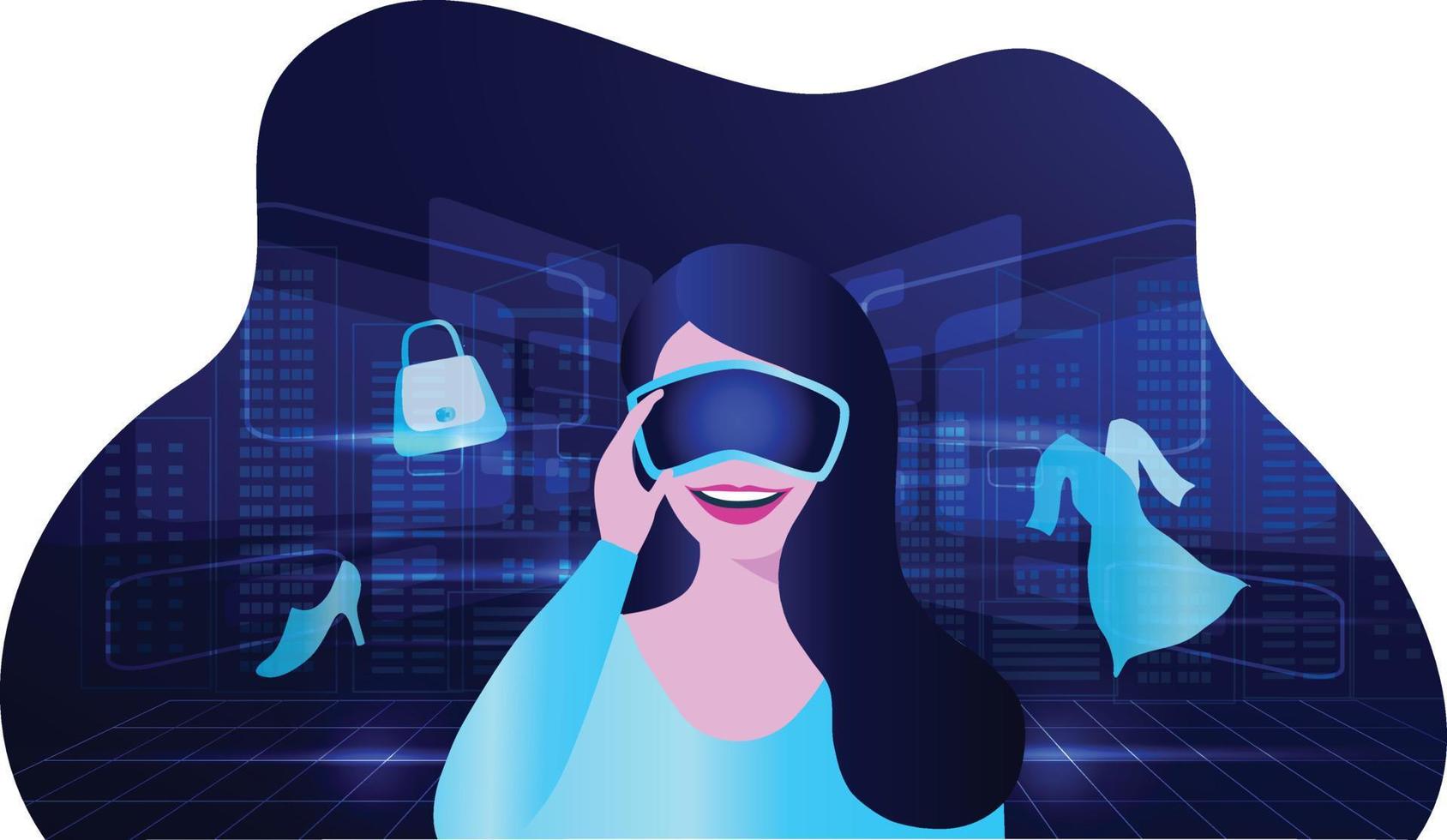 Woman wearing virtual reality goggle glass, having 3d experience in shopping vector illustration. Metaverse 3D experience technology in shopping world