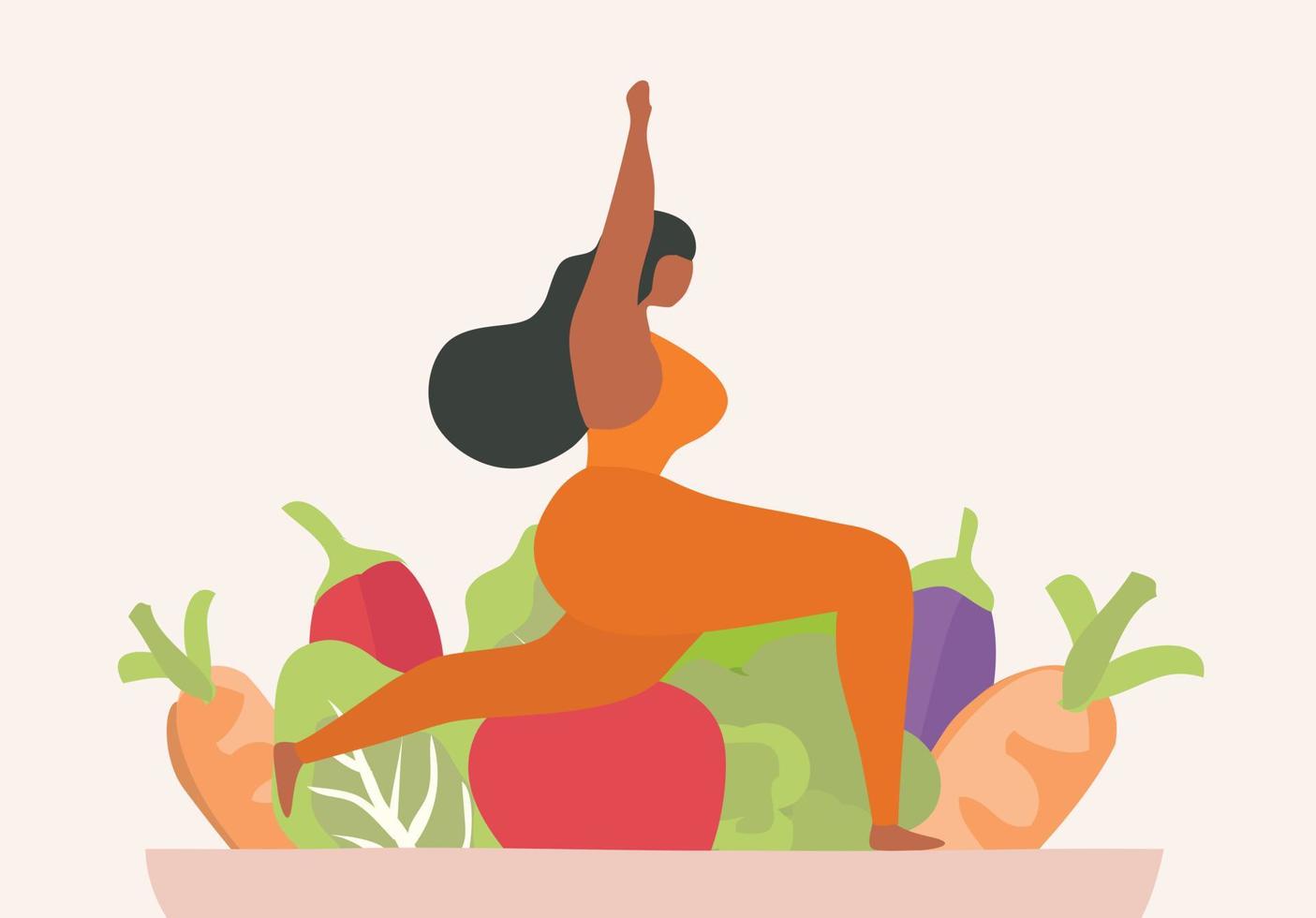 mujer haciendo yoga y comiendo comida saludable ilustración vectorial. concepto de estilo de vida saludable vector