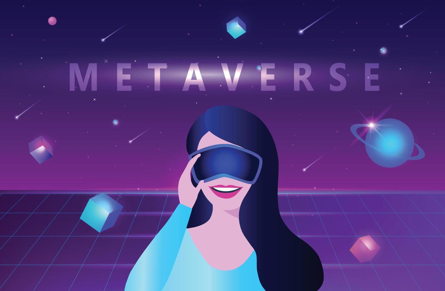 Woman wearing virtual reality goggle glass, having 3d experience in shopping vector illustration. Metaverse 3D experience technology in shopping world