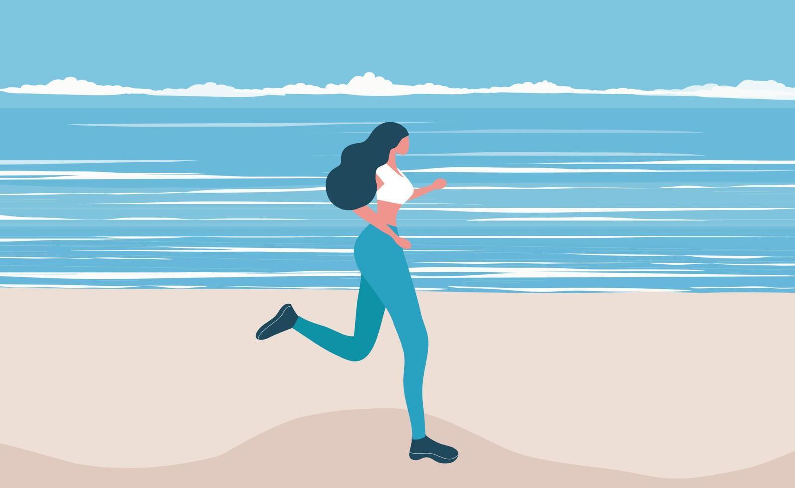 Beautiful woman running on beach. Healthy lifestyle workout vector illustration