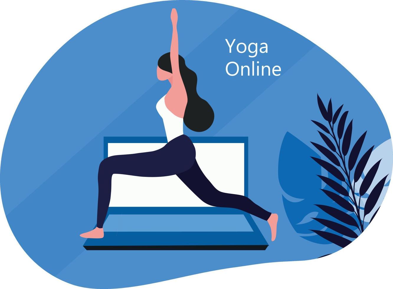 Beautiful woman dong yoga from online yoga mobile course at home vector illustration. Online yoga workout concept background.