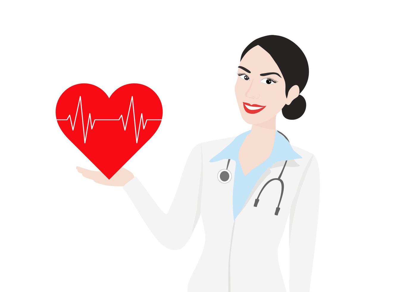 Smiling woman doctor holding red heart rate beat vector illustration. Heart check up and health medical care design