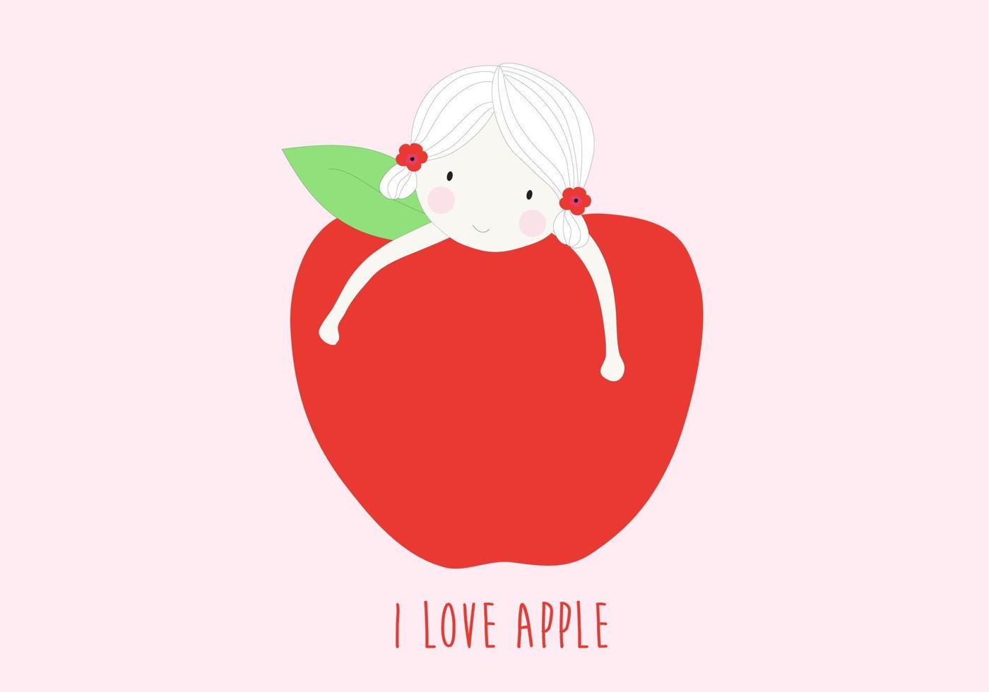 Yo amo la manzana. linda chica abrazando manzana roja ilustración vectorial vector