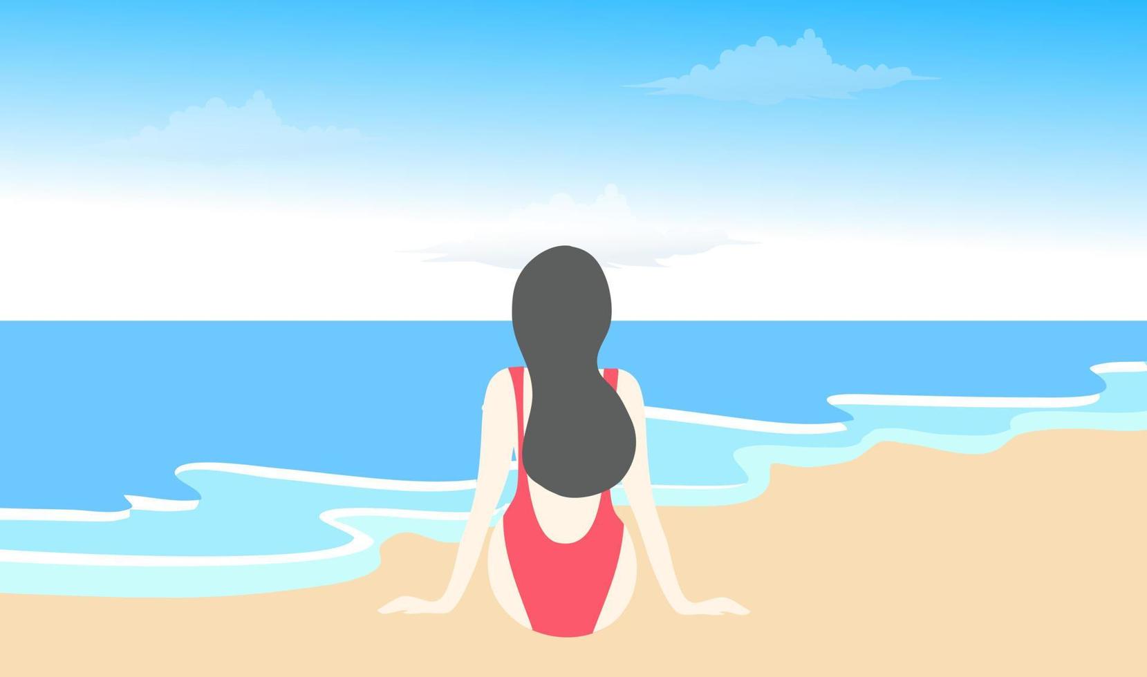 Woman sitting on summer beach vector illustration