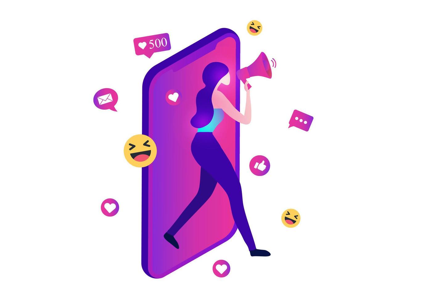 woman shouting in loud speaker with social media icons. Influencer social media marketing, blogger, vlogging, social influencer and influencer marketing concept vector illustration