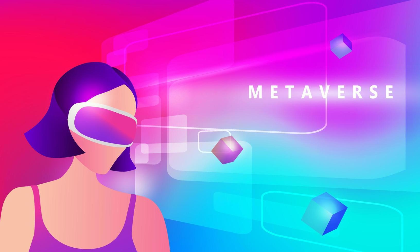 Woman wearing virtual reality goggle glass, having 3d experience in virtual reality  vector illustration. Metaverse and blockchain 3D experience technology concept