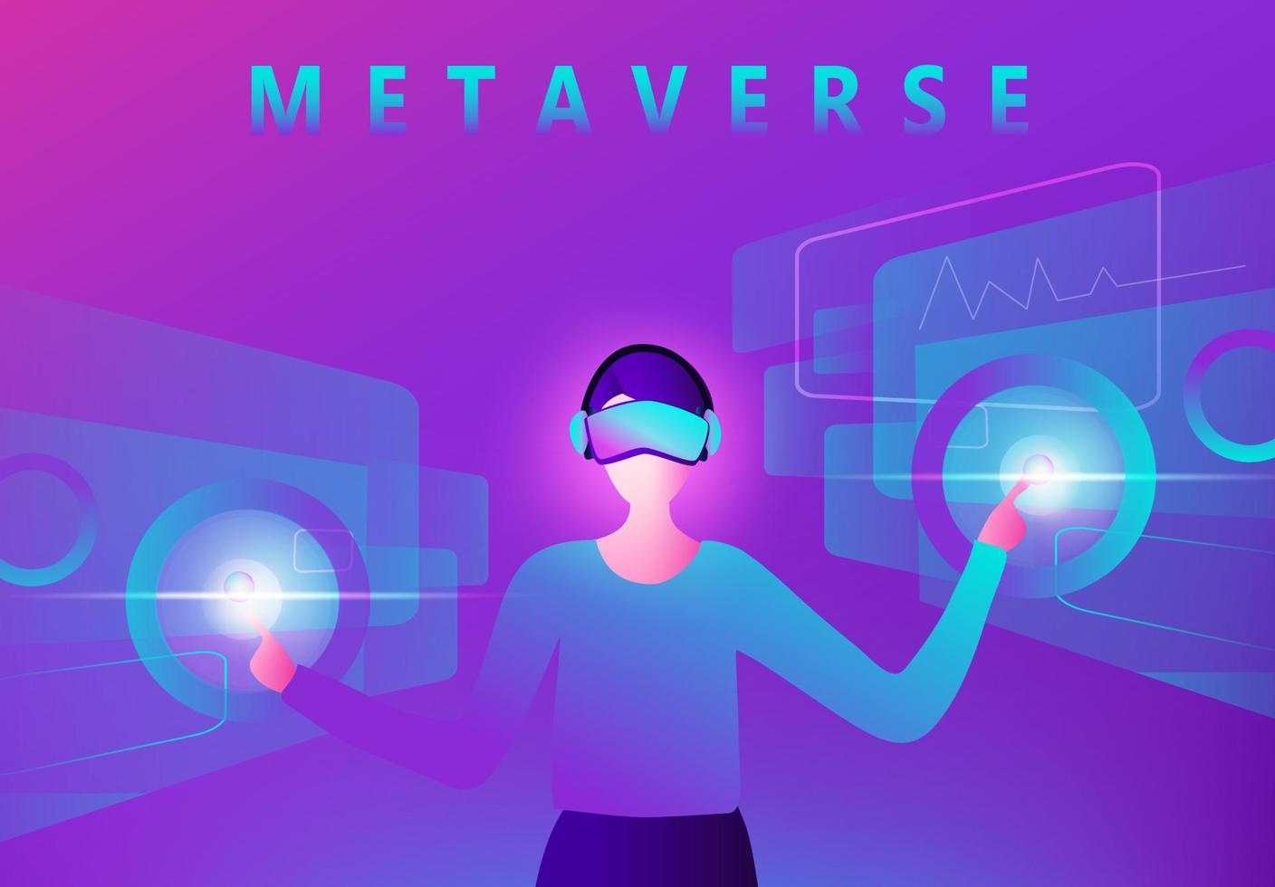 Man wearing virtual reality goggle glass, having 3d experience in business virtual reality vector illustration. Metaverse and blockchain 3D experience technology concept