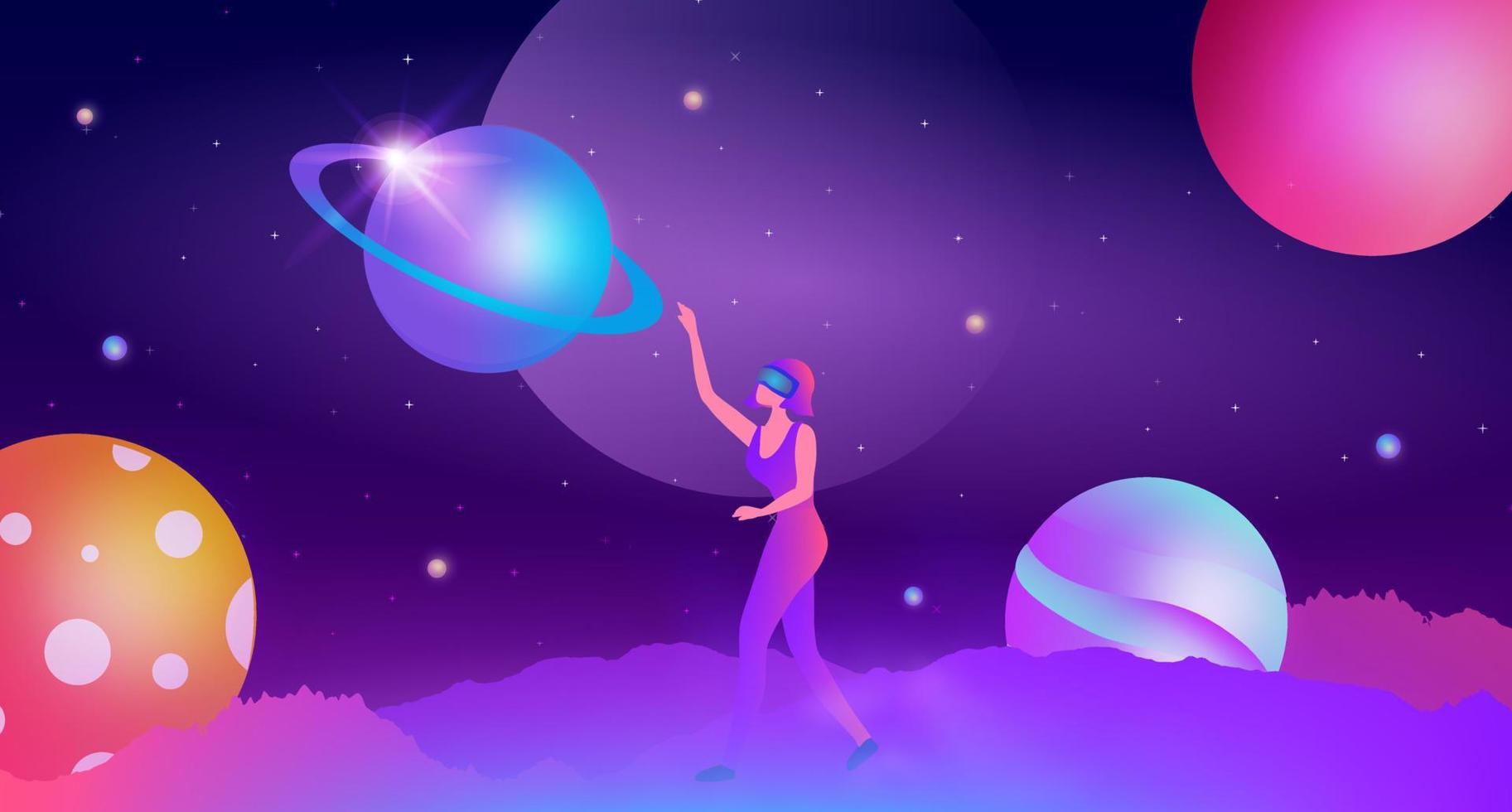 Metaverse digital virtual reality and augmented reality technology, woman wearing virtual reality headset glasses connecting to virtual space and universe vector illustration