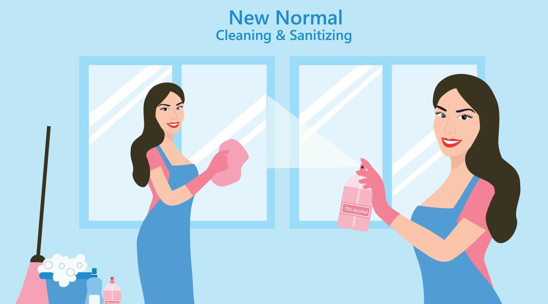 New normal cleaning and sanitizing concept, woman cleaning house and using  alcohol spray to protect covid-19 coronavirus vector illustration. COVID-19 coronavirus prevention concept