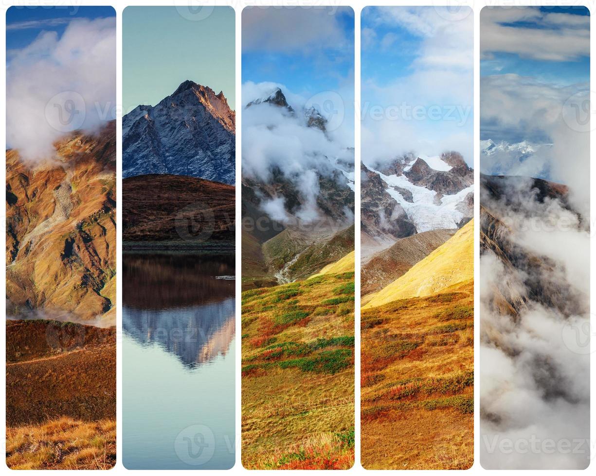 collage creativo en el lago de montaña koruldi. svaneti superior, georgi foto