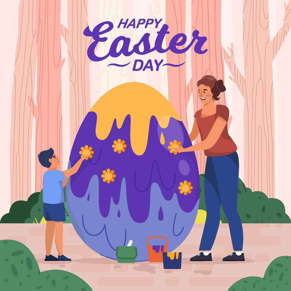 Mother and Child Preparing Easter Egg Together Concept vector