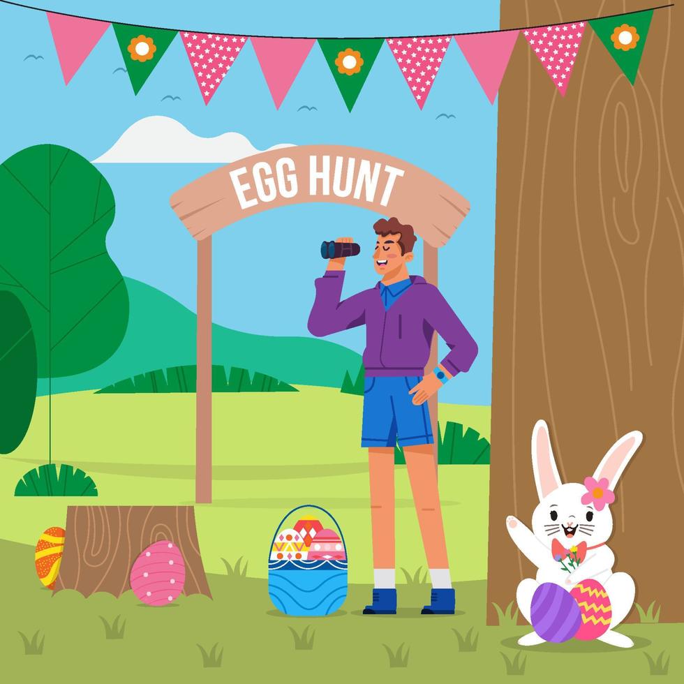 Man Search for Easter Bunny at Egg Hunt vector