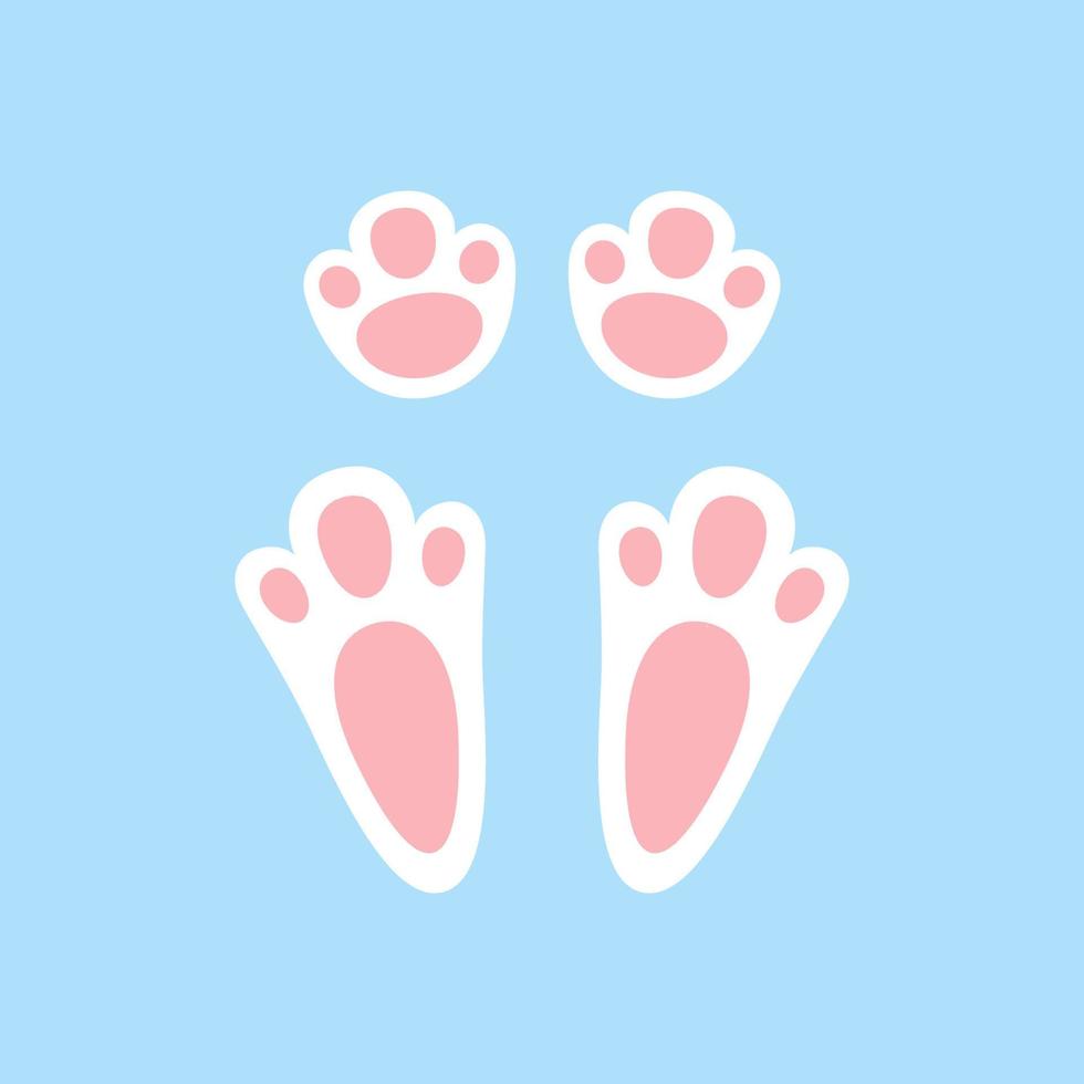 Cute easter bunny paw. Rabbit or hare footprint. Bunny foot prints on snow. Hare steps track. Vector illustration isolated on blue background in flat style