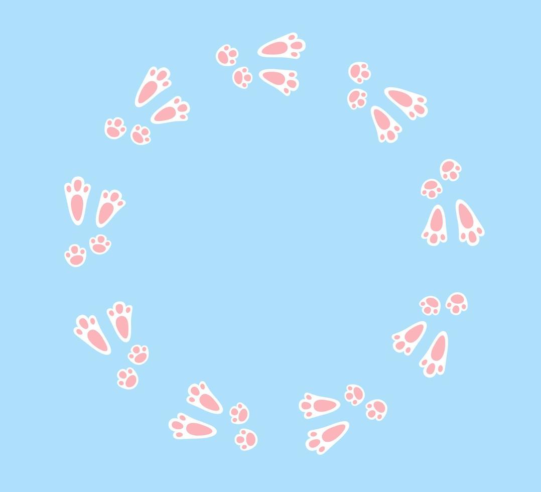 Rabbit or hare footprint trail. Easter bunny foot prints. Rabbit paw steps on snow. Hare steps track. Blank round frame template. Vector illustration isolated on blue background in flat style