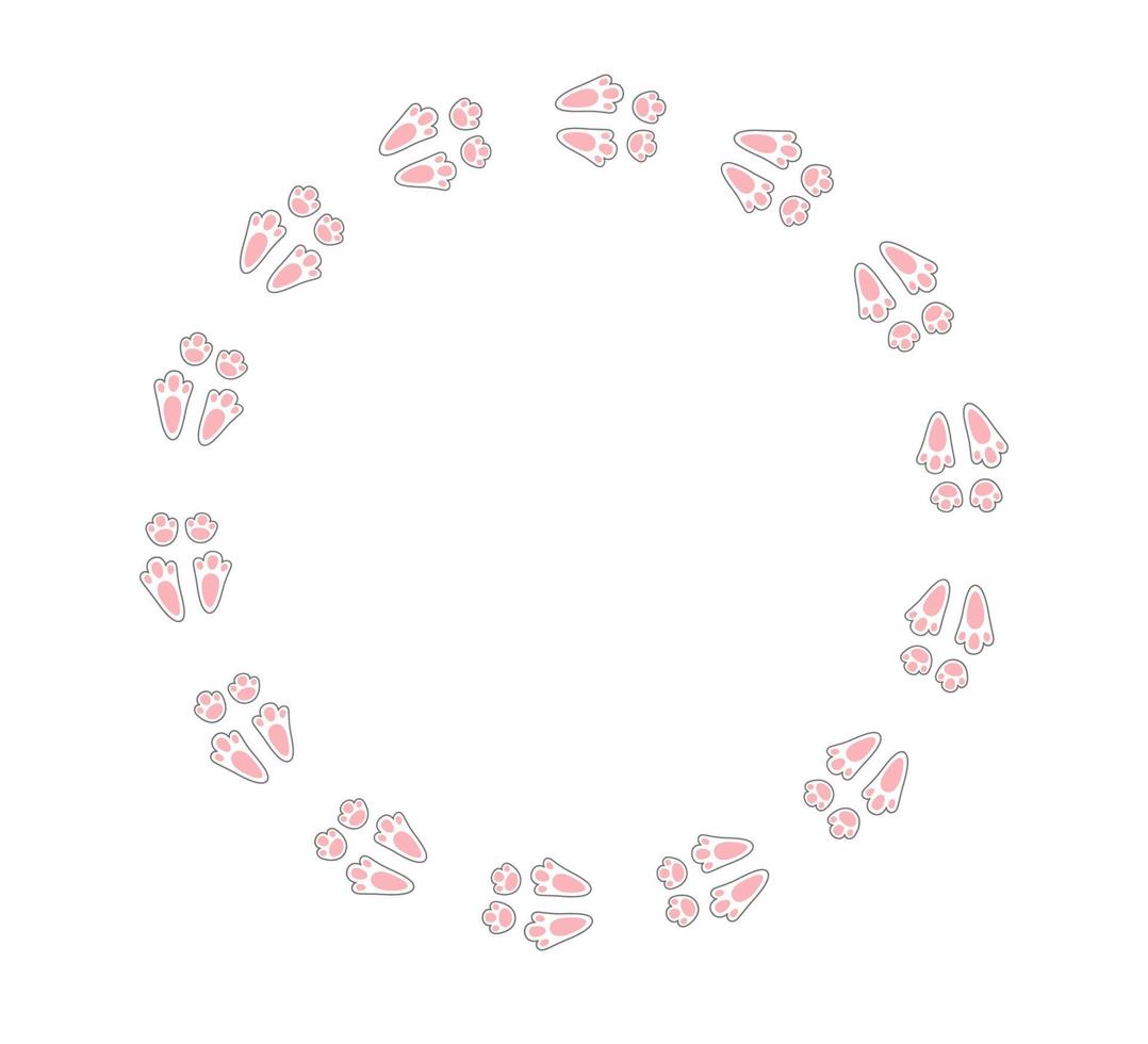 Rabbit or hare footprint trail. Easter bunny foot prints. Rabbit paw steps. Hare steps track on snow. Blank round frame template. Vector illustration isolated on white background in flat style