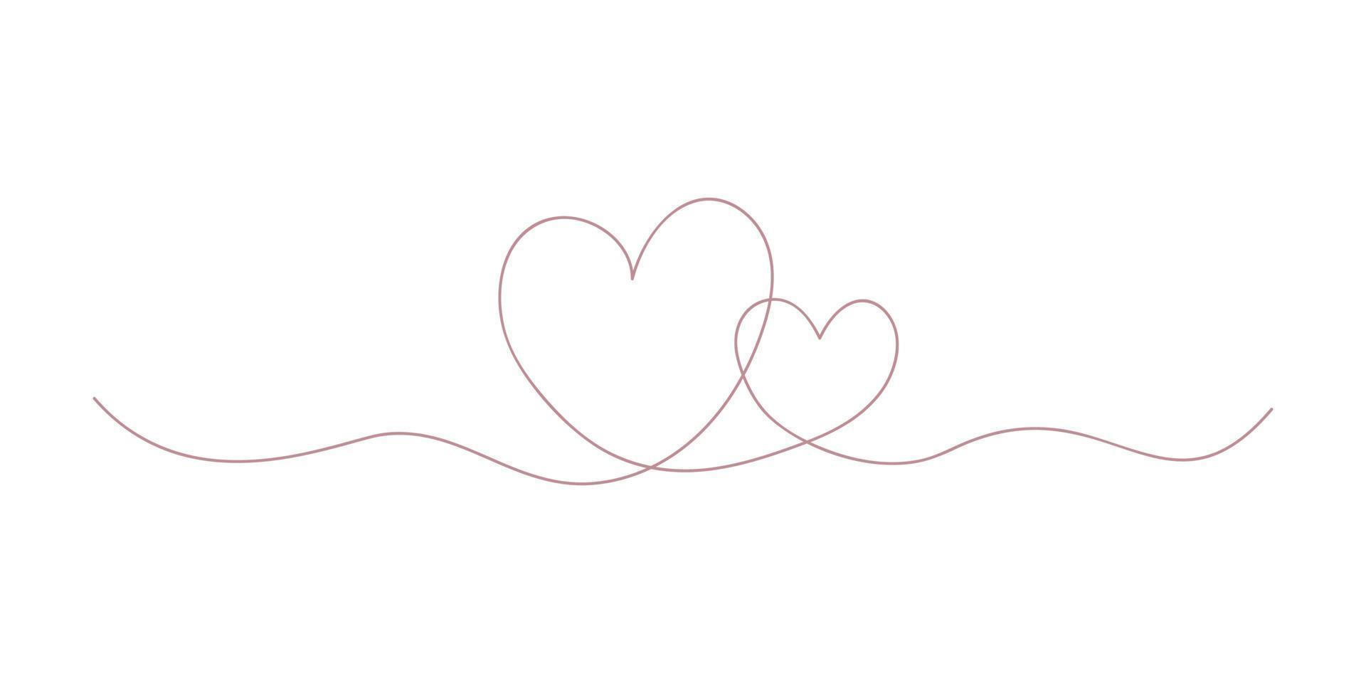 Two abstract silhouette hearts in pink color drawn by one line. Romantic sketch. Continuous line drawing love symbol. Decoration element for valentine, wedding, invitation card. Vector illustration.