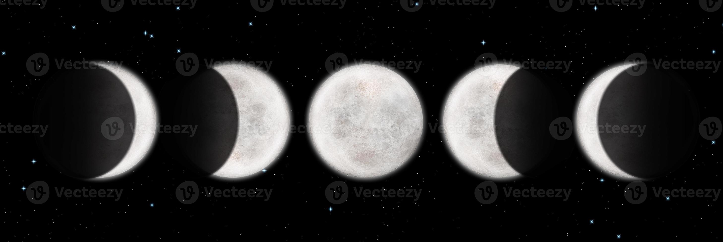 High resolution 3d render of phases of the moon. Quality Lunar Eclipse illustration. The best textured moon. Science astronomy, detailed lunar surface. Black background. photo