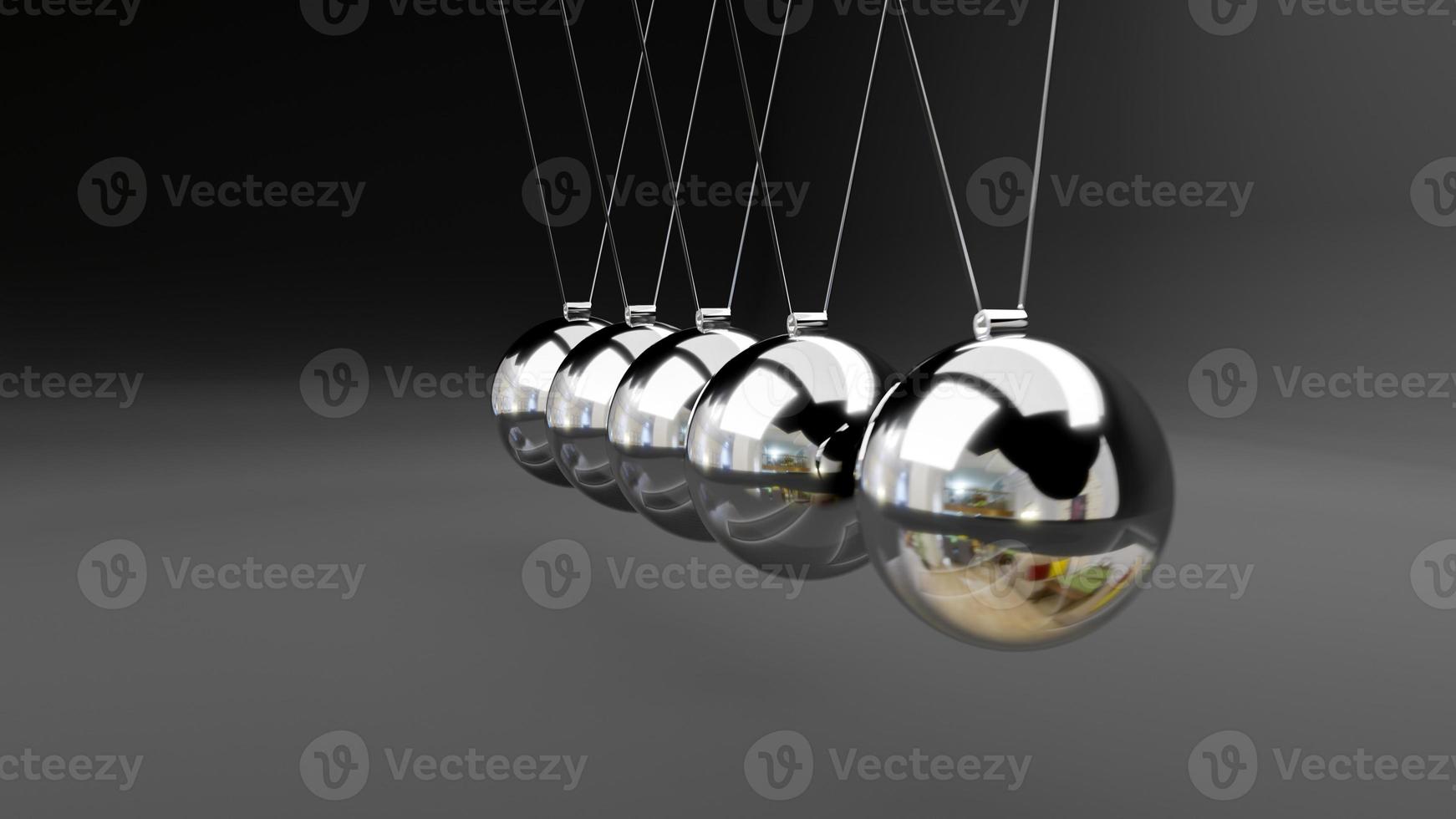 Newton cradle with balancing pendulum of silver metal balls . 3d render photo