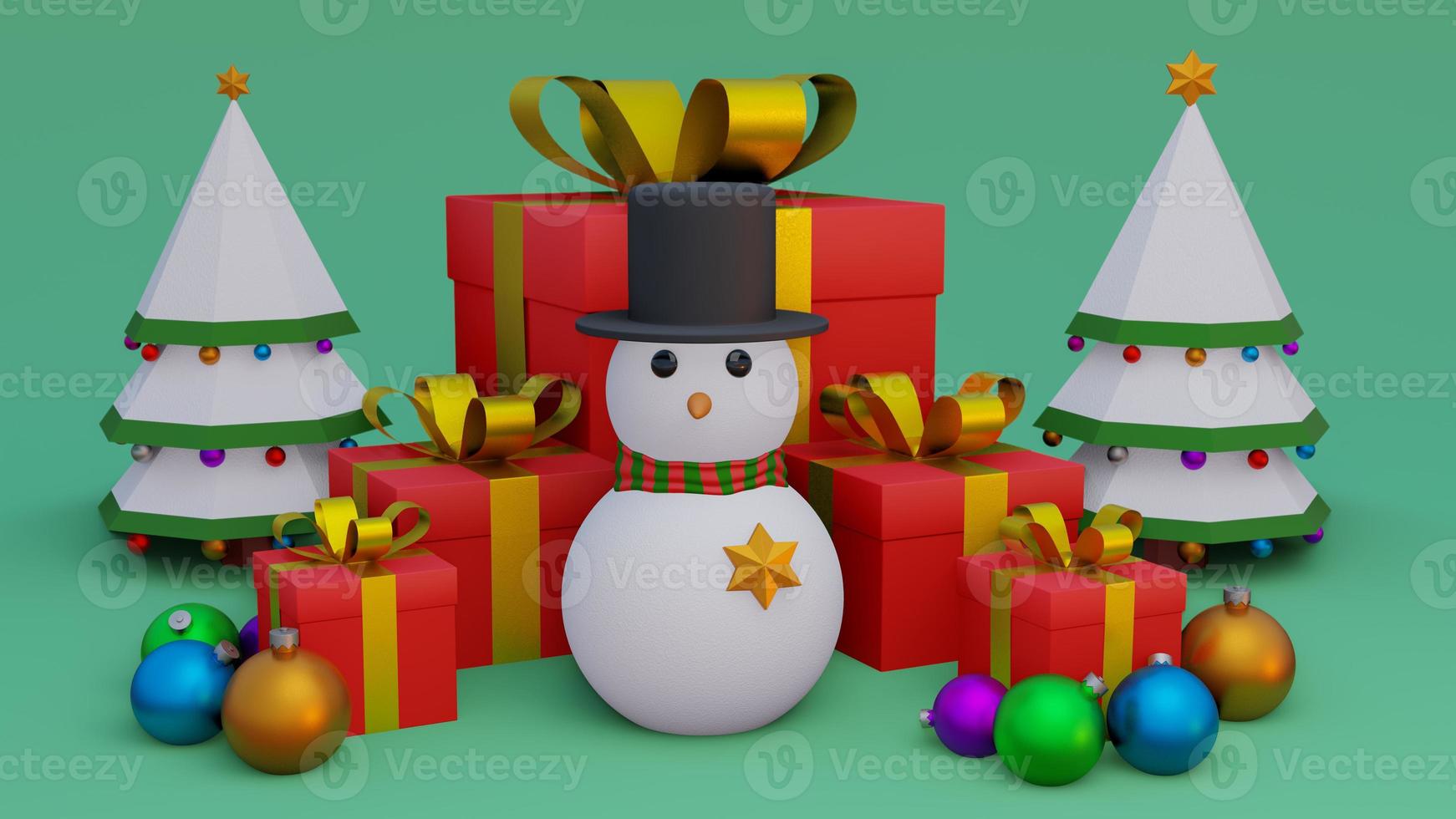 abstract christmas on full color background 3d rendering with many object christmas tree gift box snow man metallic gold ball,holiday christmas new year concept photo