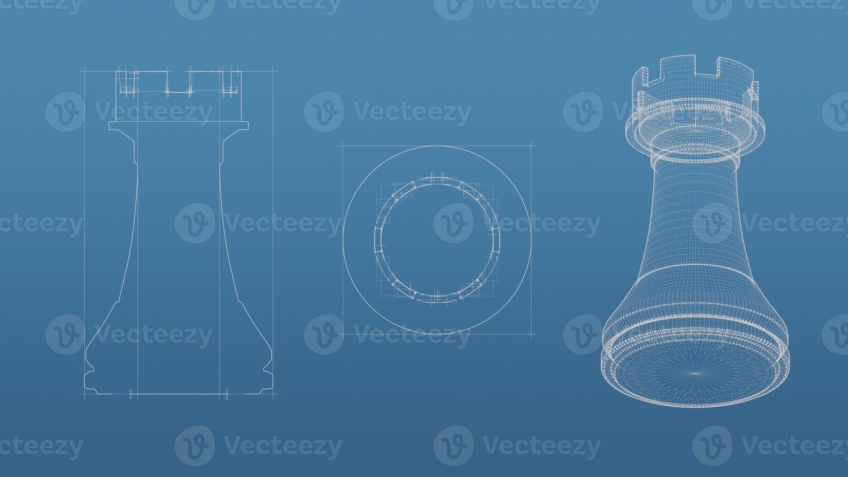 Chess 3d blueprint mesh model  on a blue background. Front view orthographic  and perspective free style render, 3d rendering photo