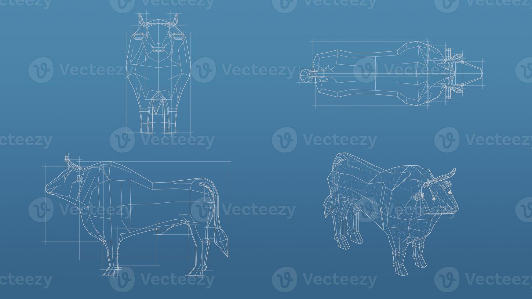 Cow 3d blueprint mesh model  on a blue background. Front view orthographic  and perspective free style render, 3d rendering photo