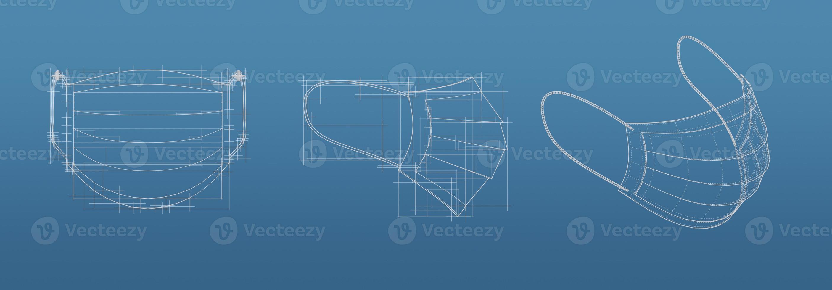 Mask 3d blueprint mesh model  on a blue background. Front view orthographic  and perspective free style render, 3d rendering photo