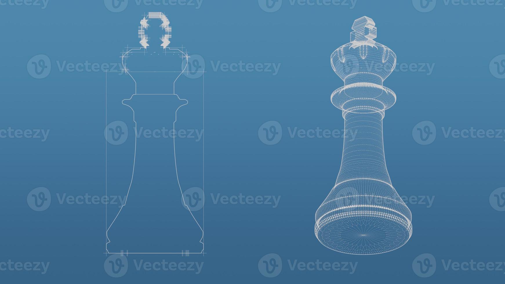 Chess 3d blueprint mesh model  on a blue background. Front view orthographic  and perspective free style render, 3d rendering photo