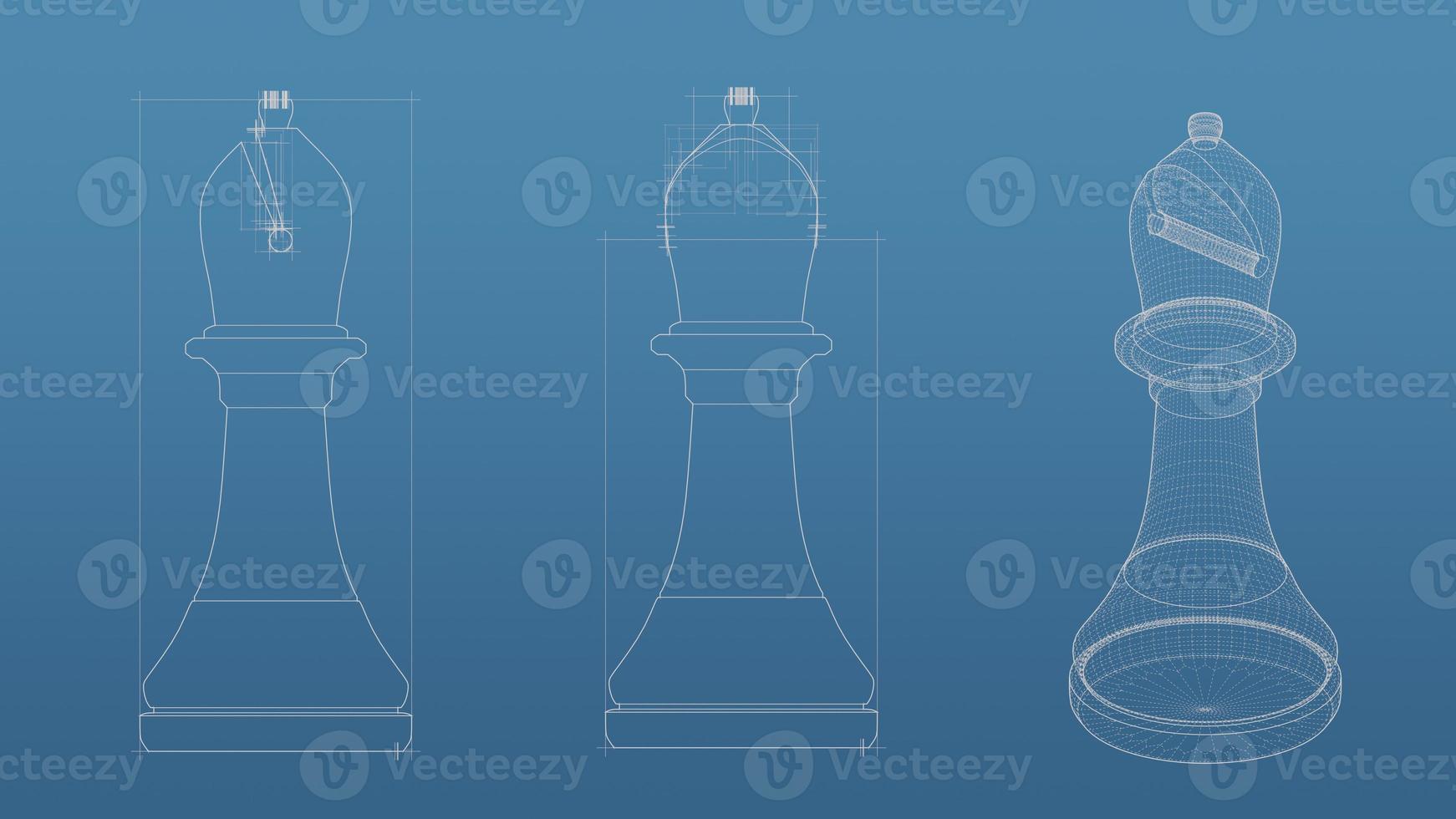 Chess 3d blueprint mesh model  on a blue background. Front view orthographic  and perspective free style render, 3d rendering photo
