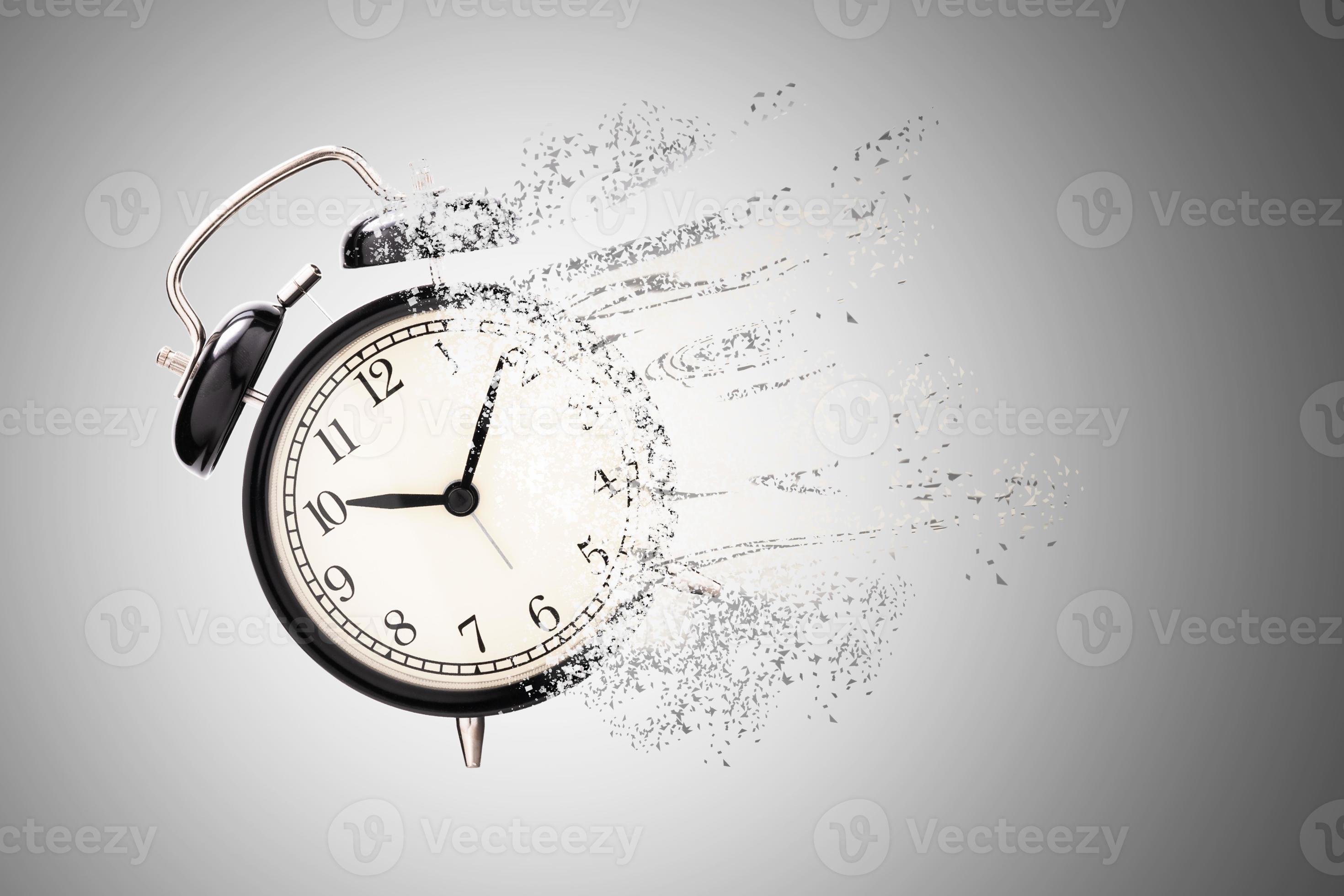 Retro black alarm clock dissolving into a little particles for time can