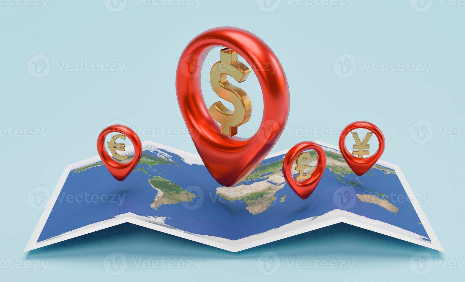 Currency sign inside red locator  on navigator with world map for money transfer and forex exchange concept .Element of this image from NASA and 3d render. photo