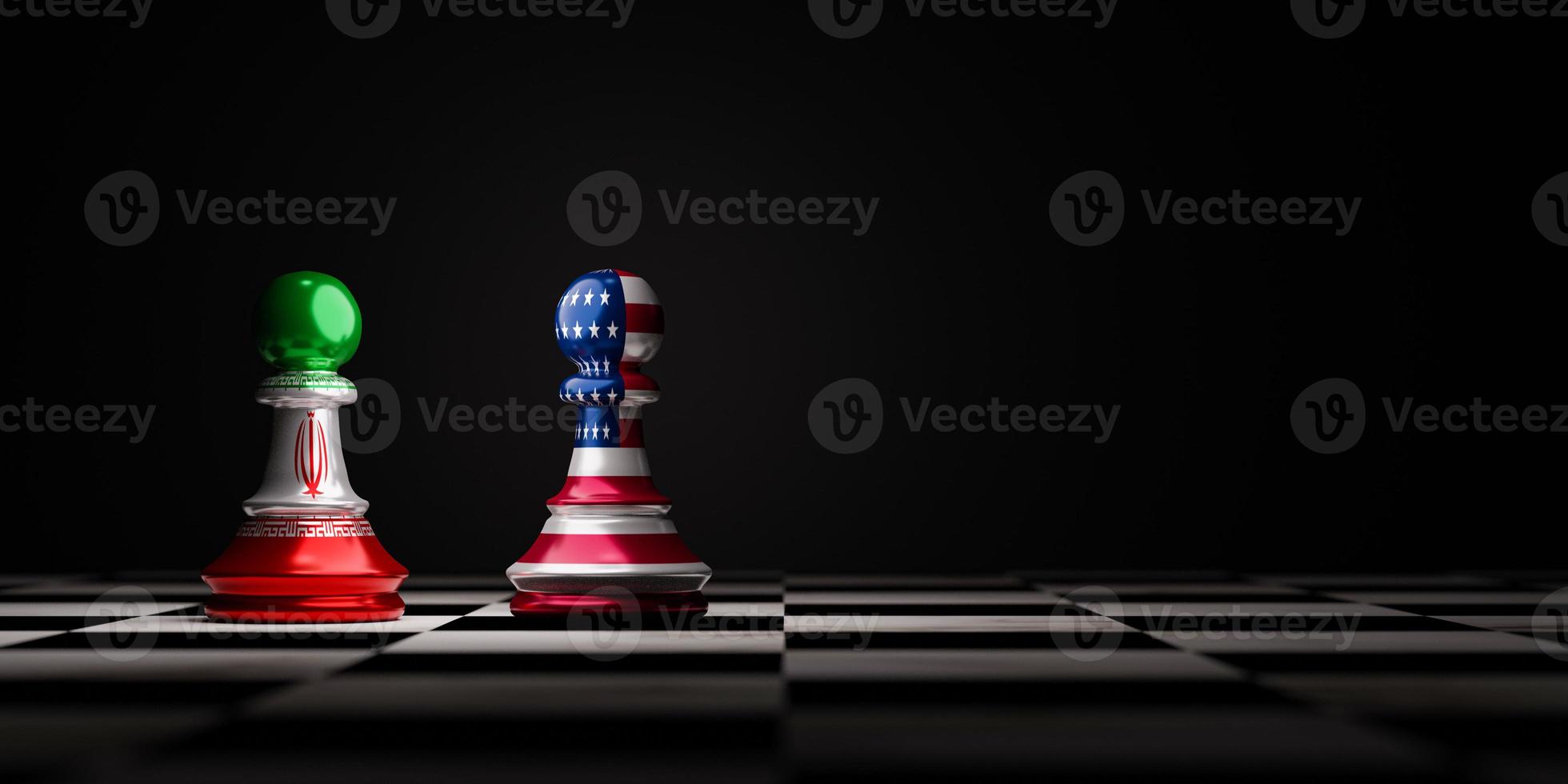 Battle of USA and Iran flag print screen on pawn chess on chessboard , United States of America and Iran always conflict of military war and nuclear crisis concept by 3d render. photo