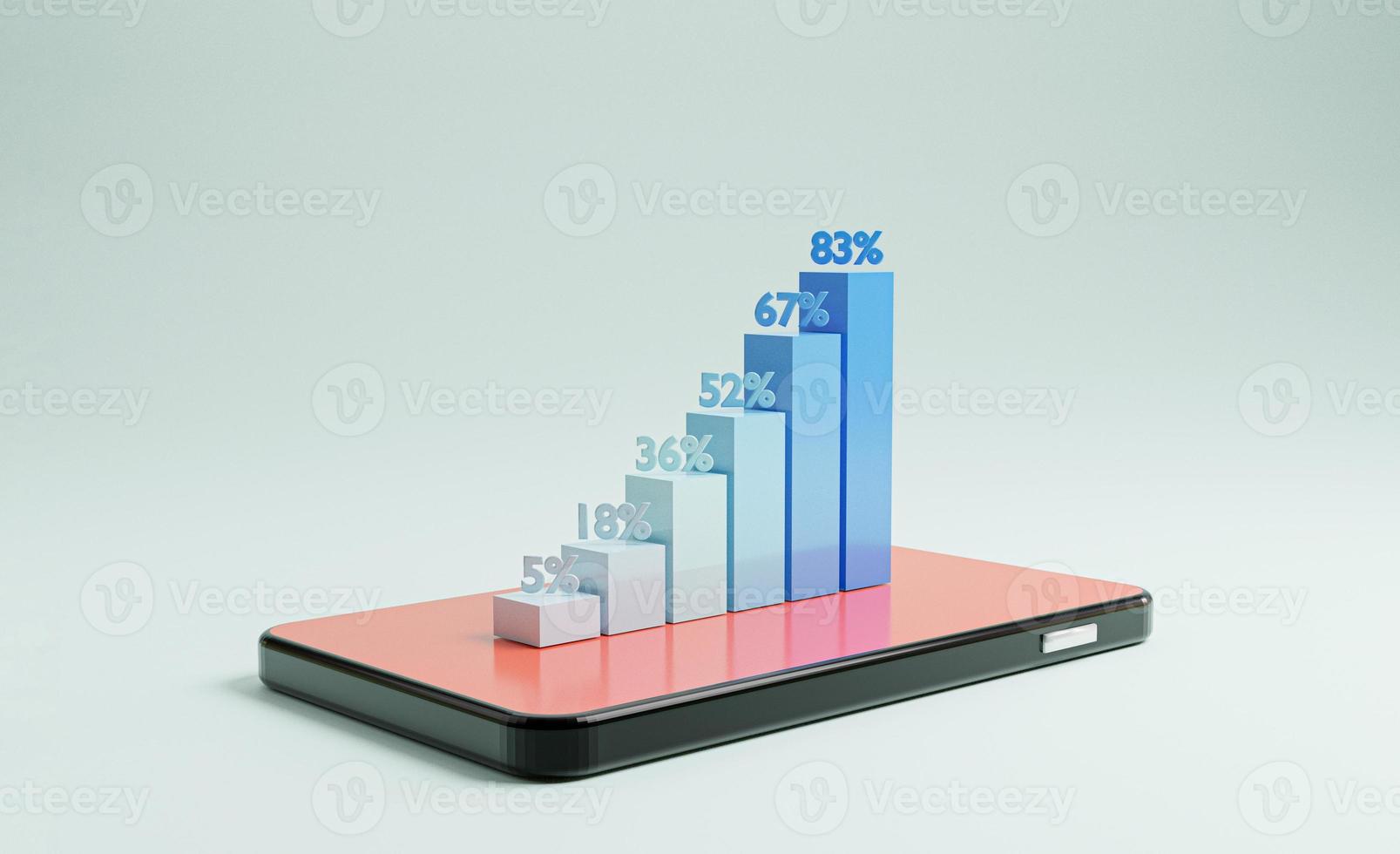 Increasing bar graph colour shading on smartphone for investment trading on stock market and business growth concept by 3d render. photo