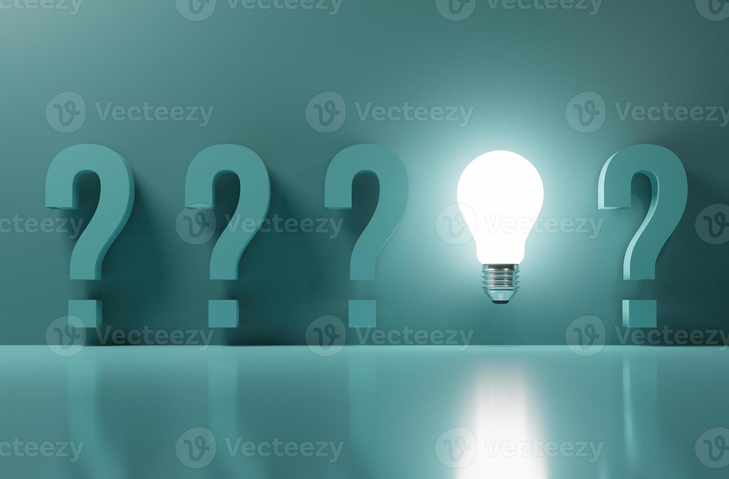 Glowing lightbulb among question mark on green background for creative thinking idea to problem solving and solution concept by 3d rendering. photo