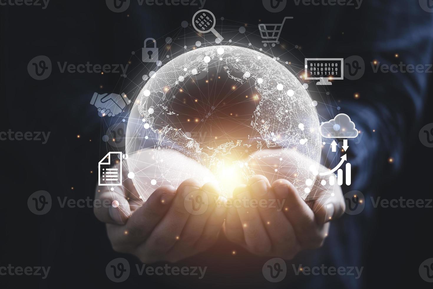 Hand holding virtual world with connection and technology icon for globalisation by metaverse and digital transformation concept. photo