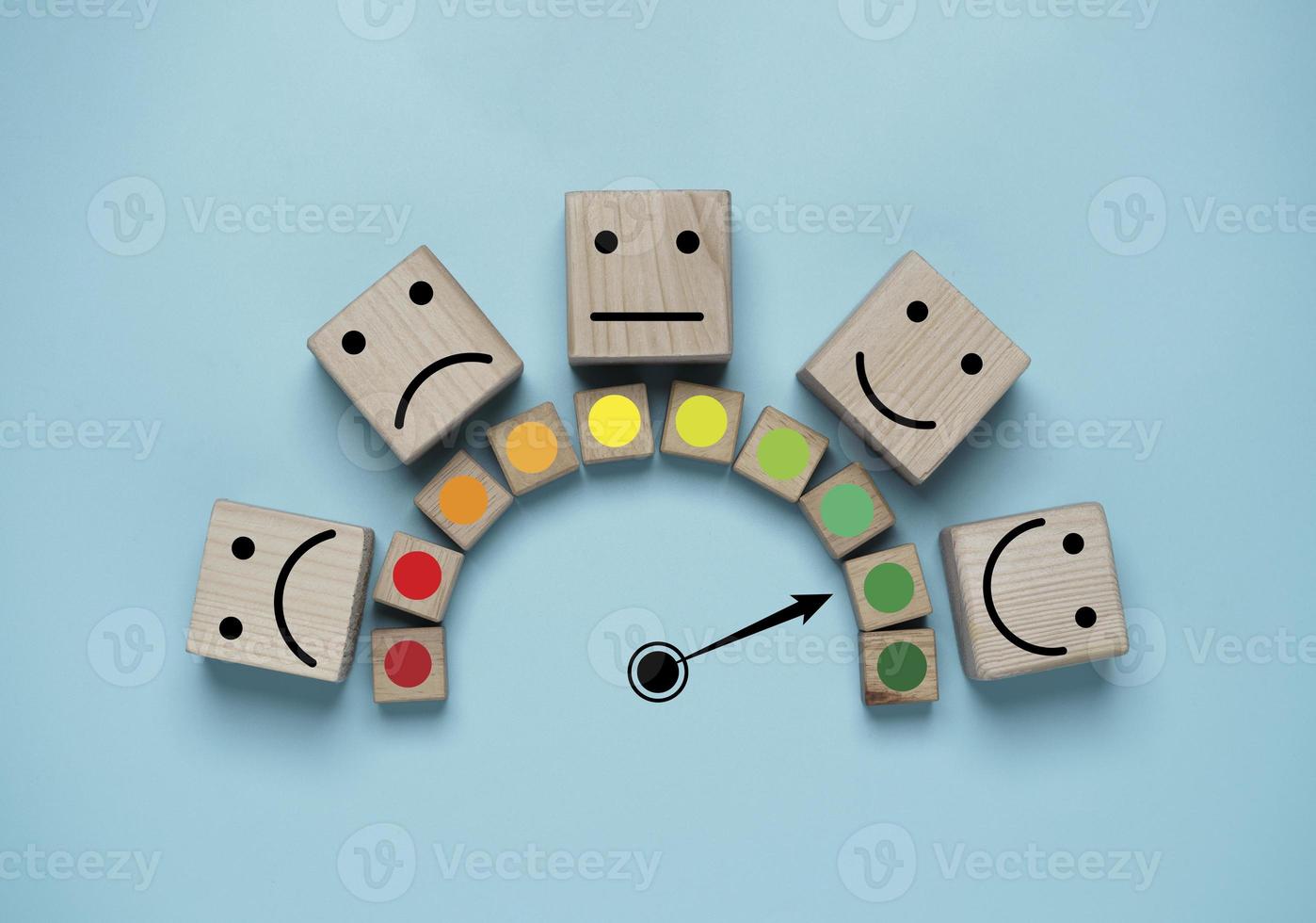 Customer evaluation indicator rating print screen wooden cube block since low to high on blue background for client satisfaction after use product and service  concept. photo