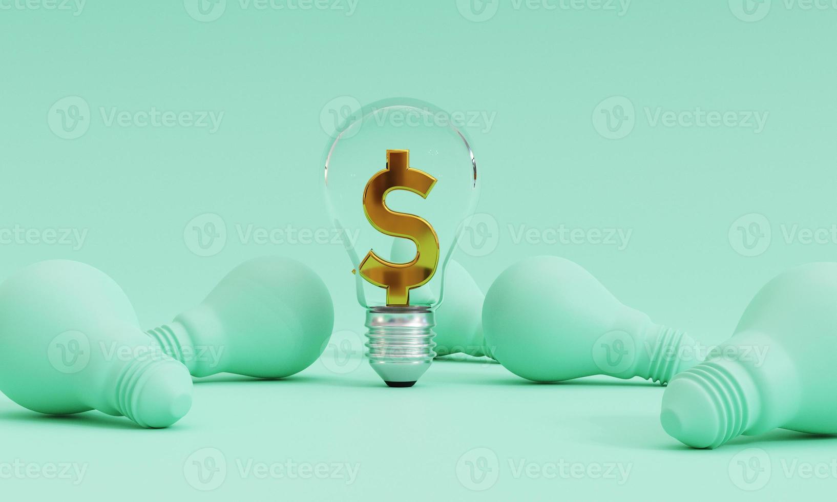Golden US dollar sign inside transparent lightbulb among falling blue lightbulbs for creative thinking idea and problem solving can make more money by 3d rendering technique. photo