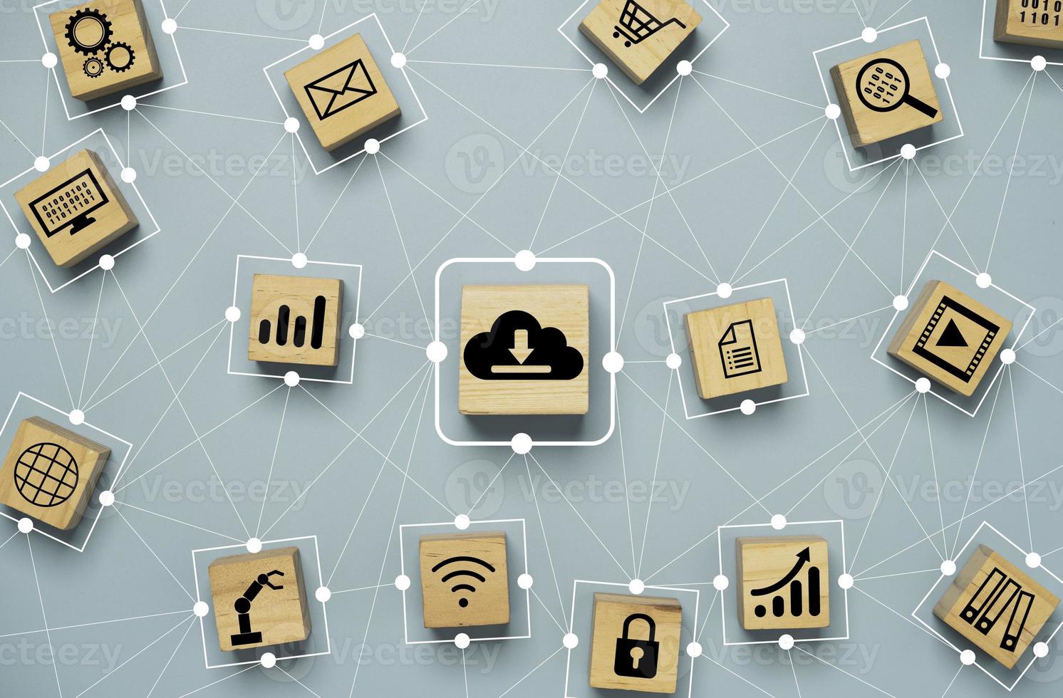 Flat lay design of cloud computing connection link with social media icon for technology transformation and meta verse sharing concept. photo