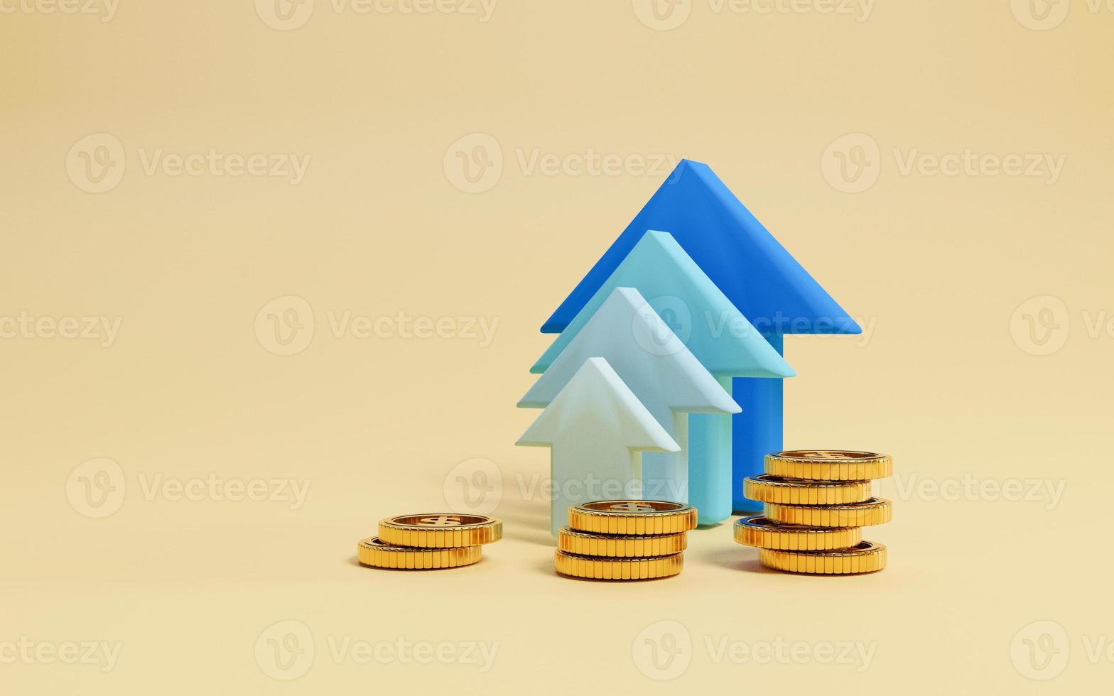 Golden coins stacking with increasing blue arrow on yellow background and copy space for economic investment profit and interest deposit from saving concept, 3D rendering technique. photo